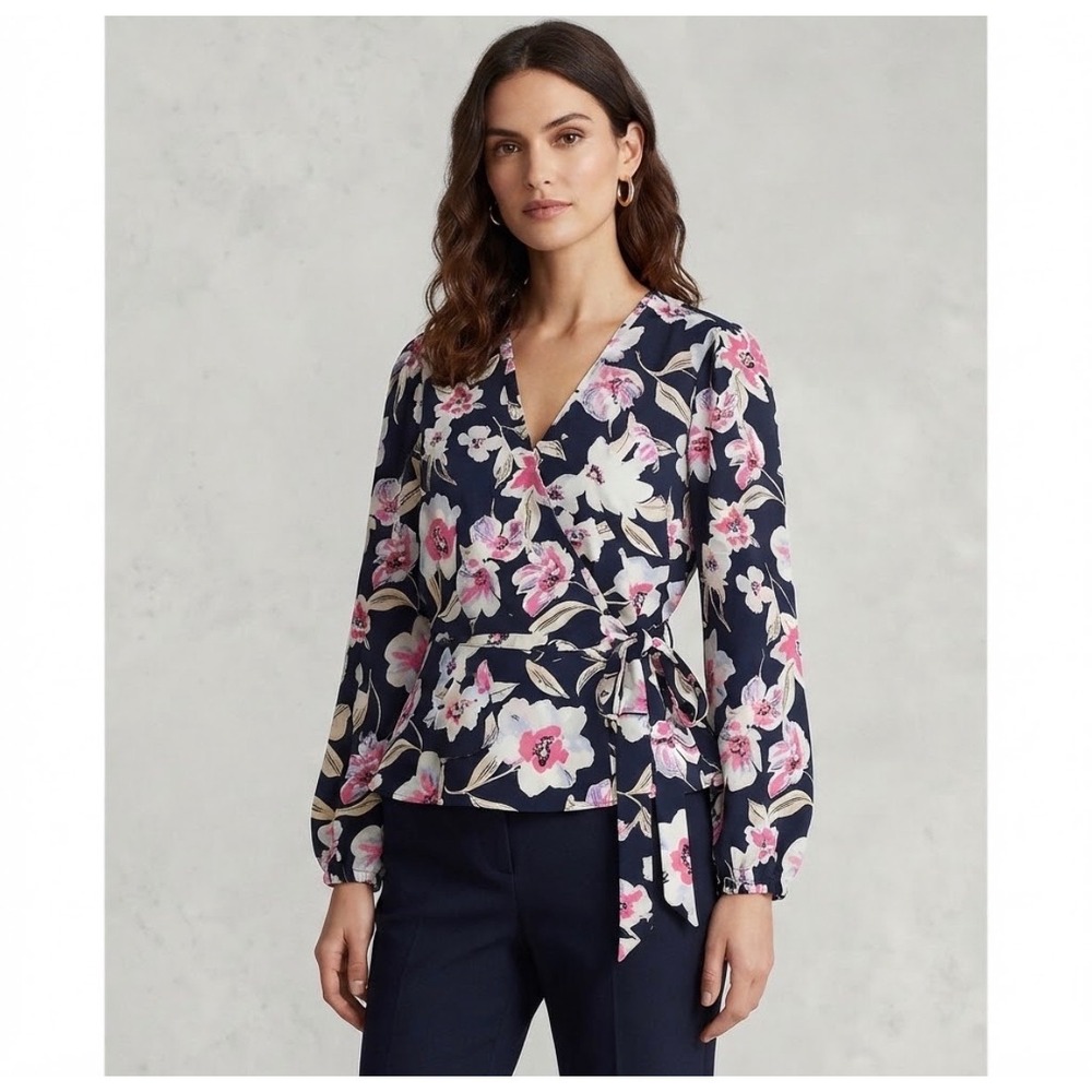 Banana Republic Wrap Top Womens Small Petite Blue Floral Long Sleeve 572021-02